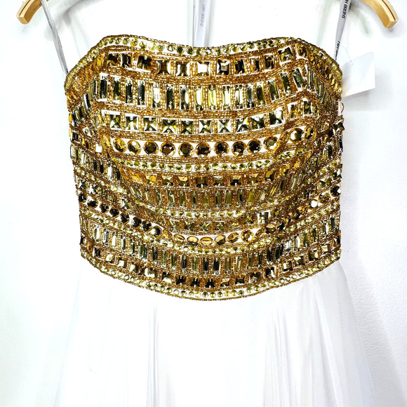 Sherri Hill NWT Gold Beaded Ivory Strapless Long Dress Size 00 Style 1569 - Picture 3 of 9